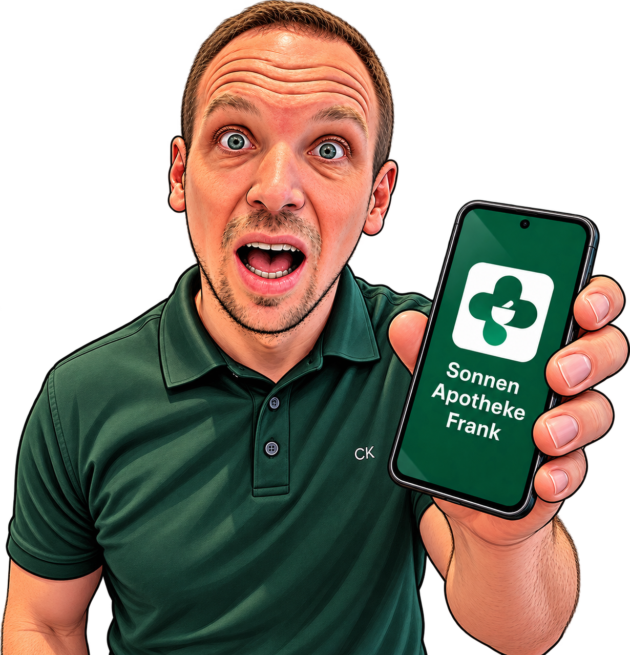 Christian Frank zeigt die Sonnen Apotheke Frank App auf dem Handy